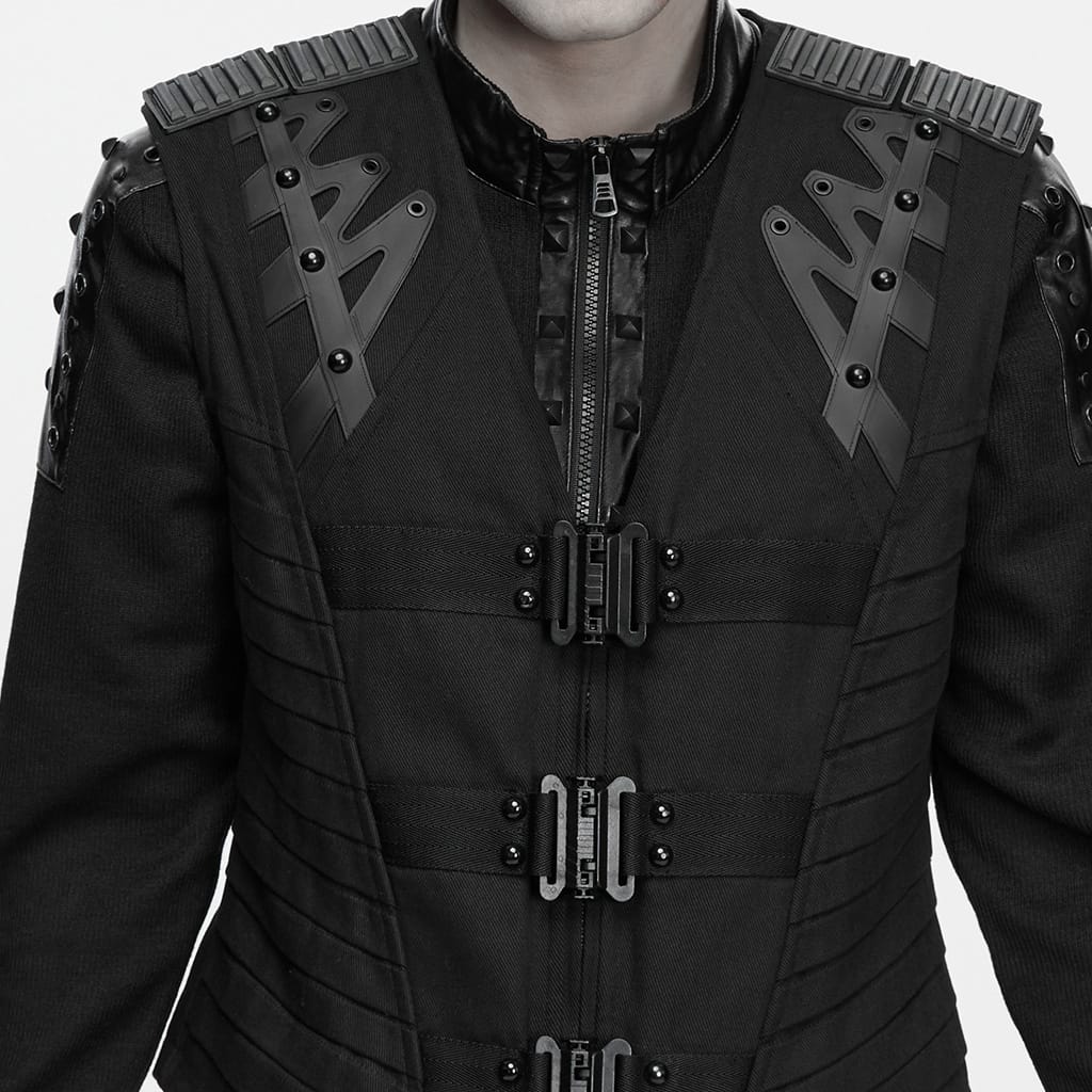 PUNK RAVE Men's Punk Studded Buckle Strap Pleated Vest