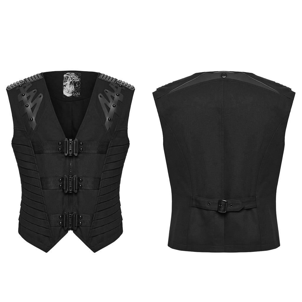 PUNK RAVE Men's Punk Studded Buckle Strap Pleated Vest