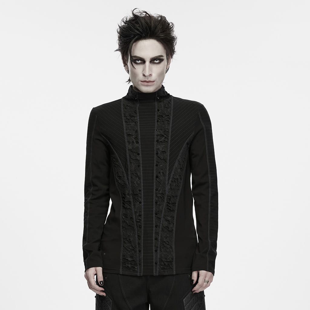 PUNK RAVE Men's Punk Studded Distressed Mock Neck Long Sleeve Top Black
