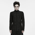 PUNK RAVE Men's Punk Studded Distressed Mock Neck Long Sleeve Top Black