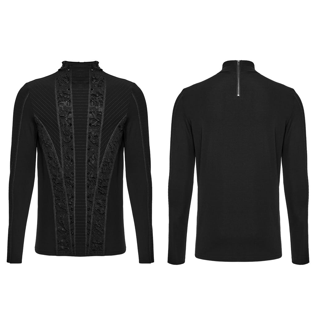 PUNK RAVE Men's Punk Studded Distressed Mock Neck Long Sleeve Top Black