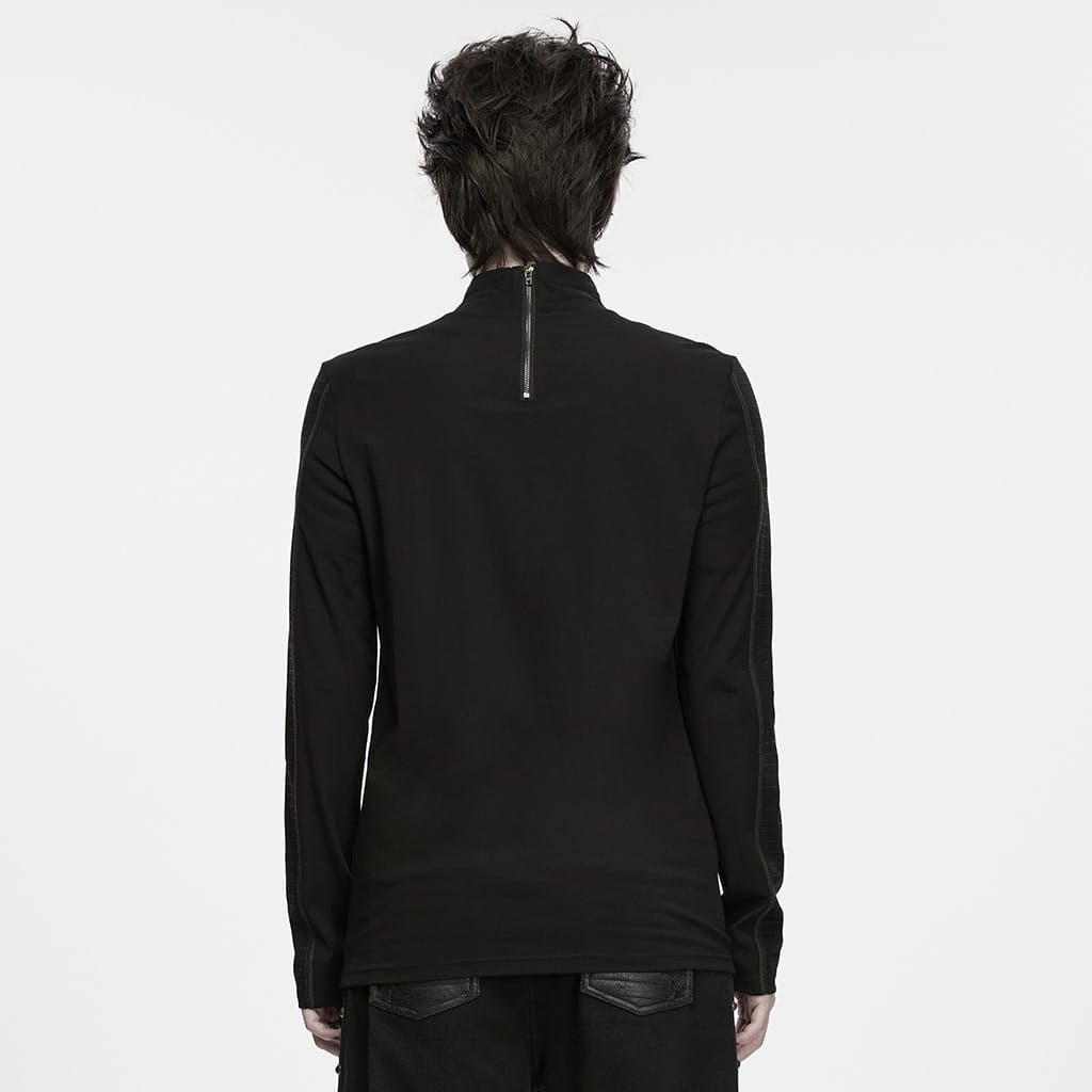 PUNK RAVE Men's Punk Studded Distressed Mock Neck Long Sleeve Top Black