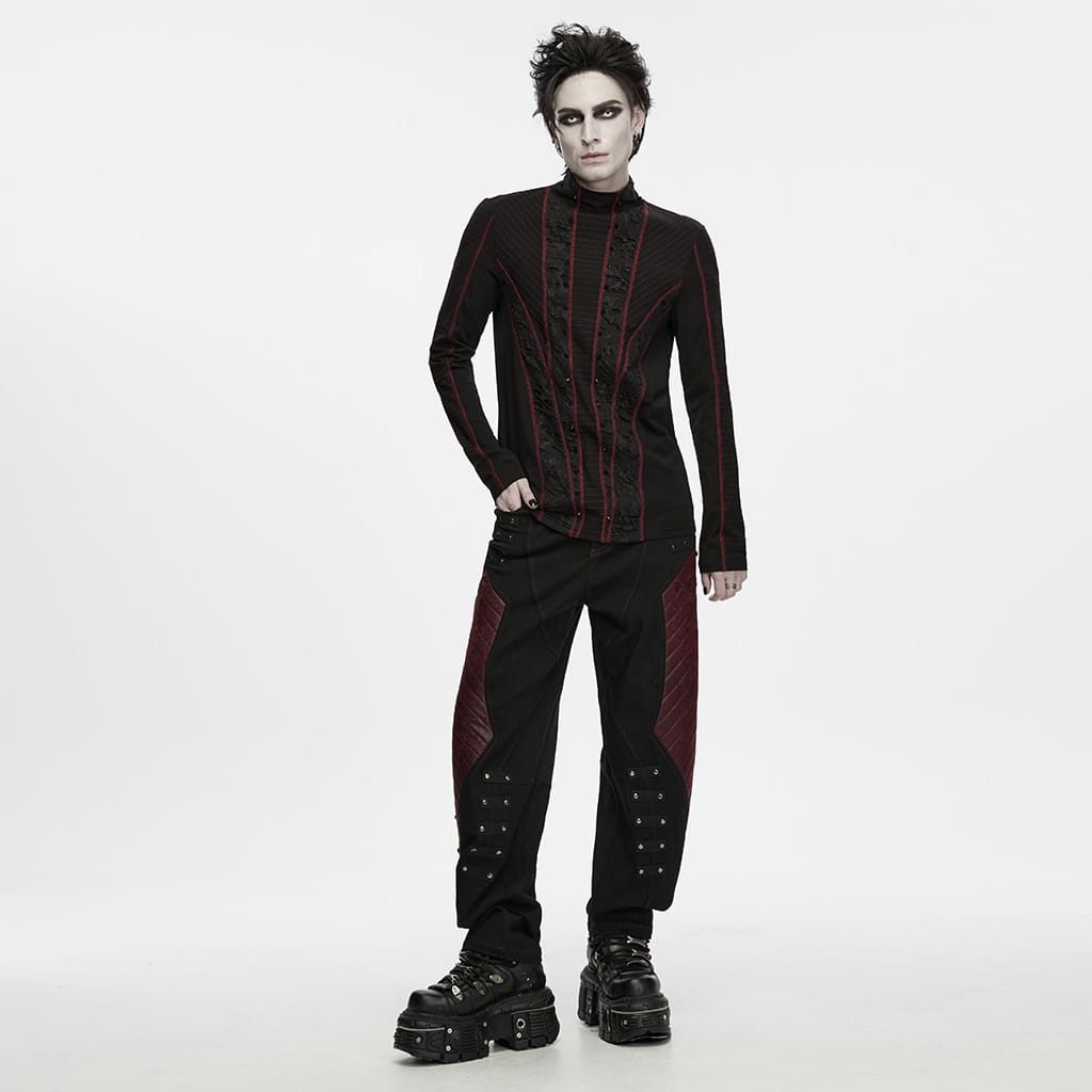 PUNK RAVE Men's Punk Studded Distressed Mock Neck Long Sleeve Top Black-Red