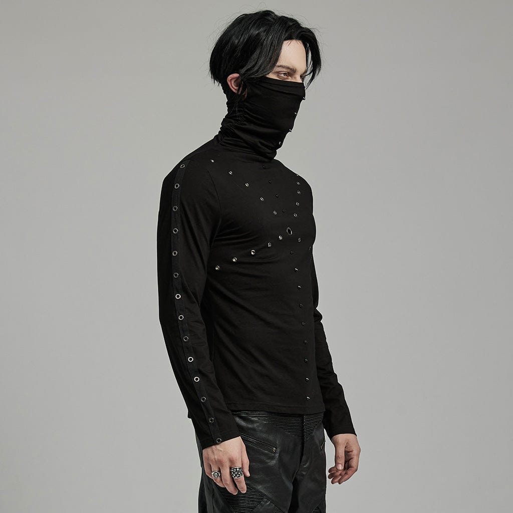 PUNK RAVE Men's Punk Studded Eyelet Shirt with Undetachable Mask