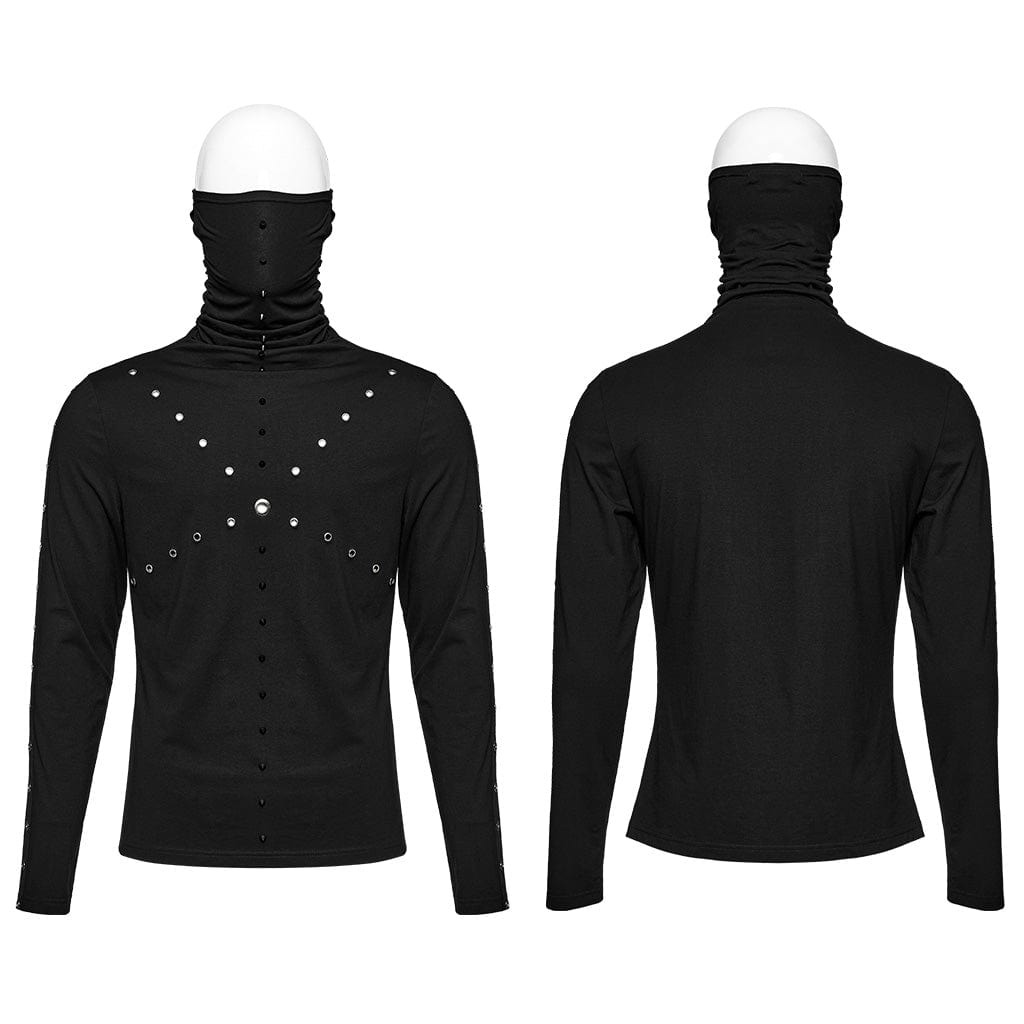 PUNK RAVE Men's Punk Studded Eyelet Shirt with Undetachable Mask