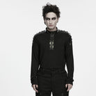PUNK RAVE Men's Punk Studded Eyelet Zipper Mock Neck Long Sleeve Top