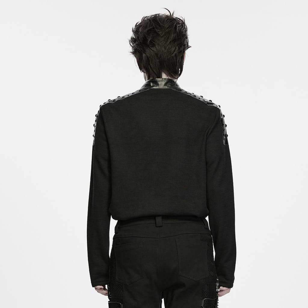 PUNK RAVE Men's Punk Studded Eyelet Zipper Mock Neck Long Sleeve Top