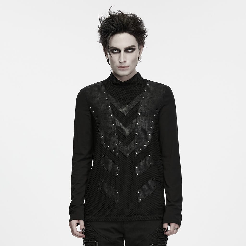 PUNK RAVE Men's Punk Studded Mock Neck Long Sleeve Top