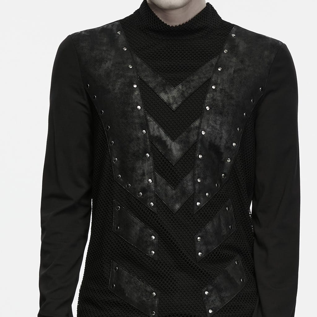 PUNK RAVE Men's Punk Studded Mock Neck Long Sleeve Top