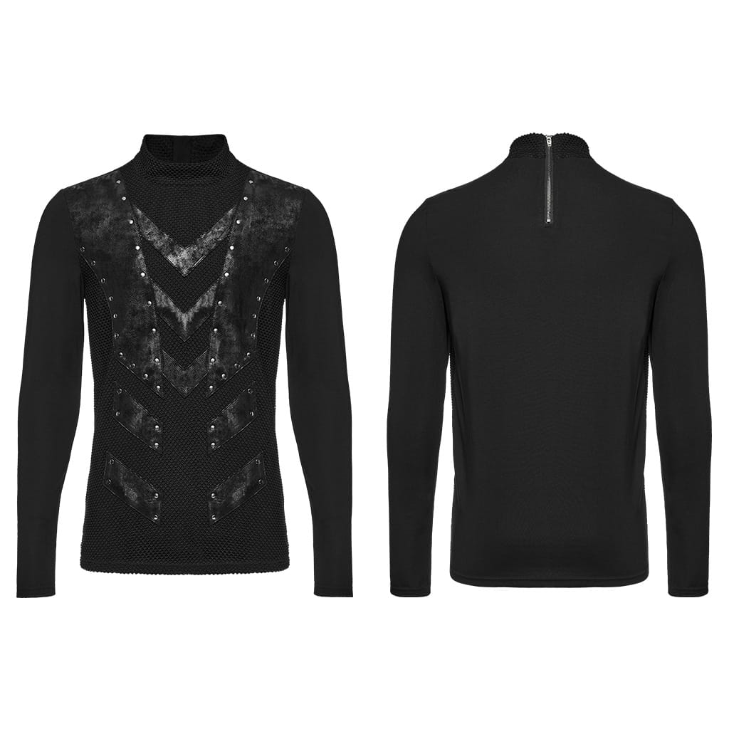 PUNK RAVE Men's Punk Studded Mock Neck Long Sleeve Top