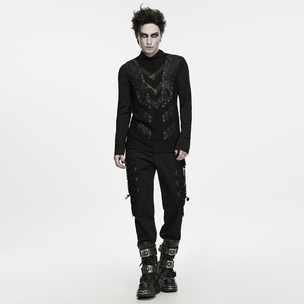 PUNK RAVE Men's Punk Studded Mock Neck Long Sleeve Top