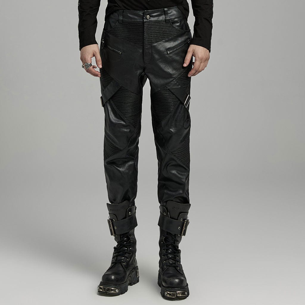 PUNK RAVE Men's Punk Zipper Pleated Faux Leather Pants