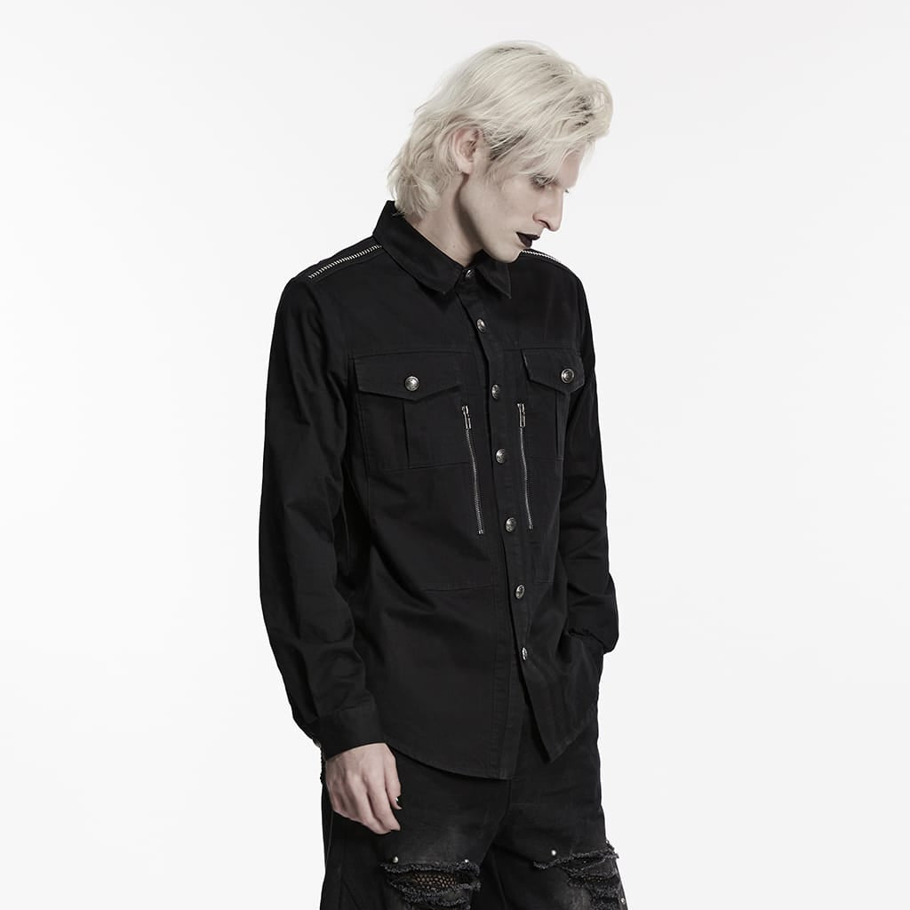PUNK RAVE Men's Punk Zips Turn-down Collar Long Sleeved Shirt