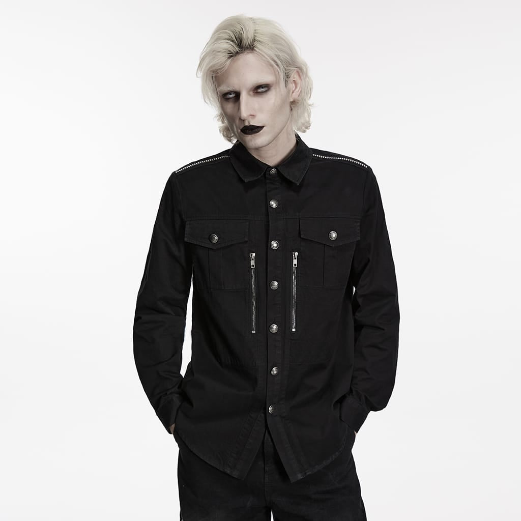 PUNK RAVE Men's Punk Zips Turn-down Collar Long Sleeved Shirt