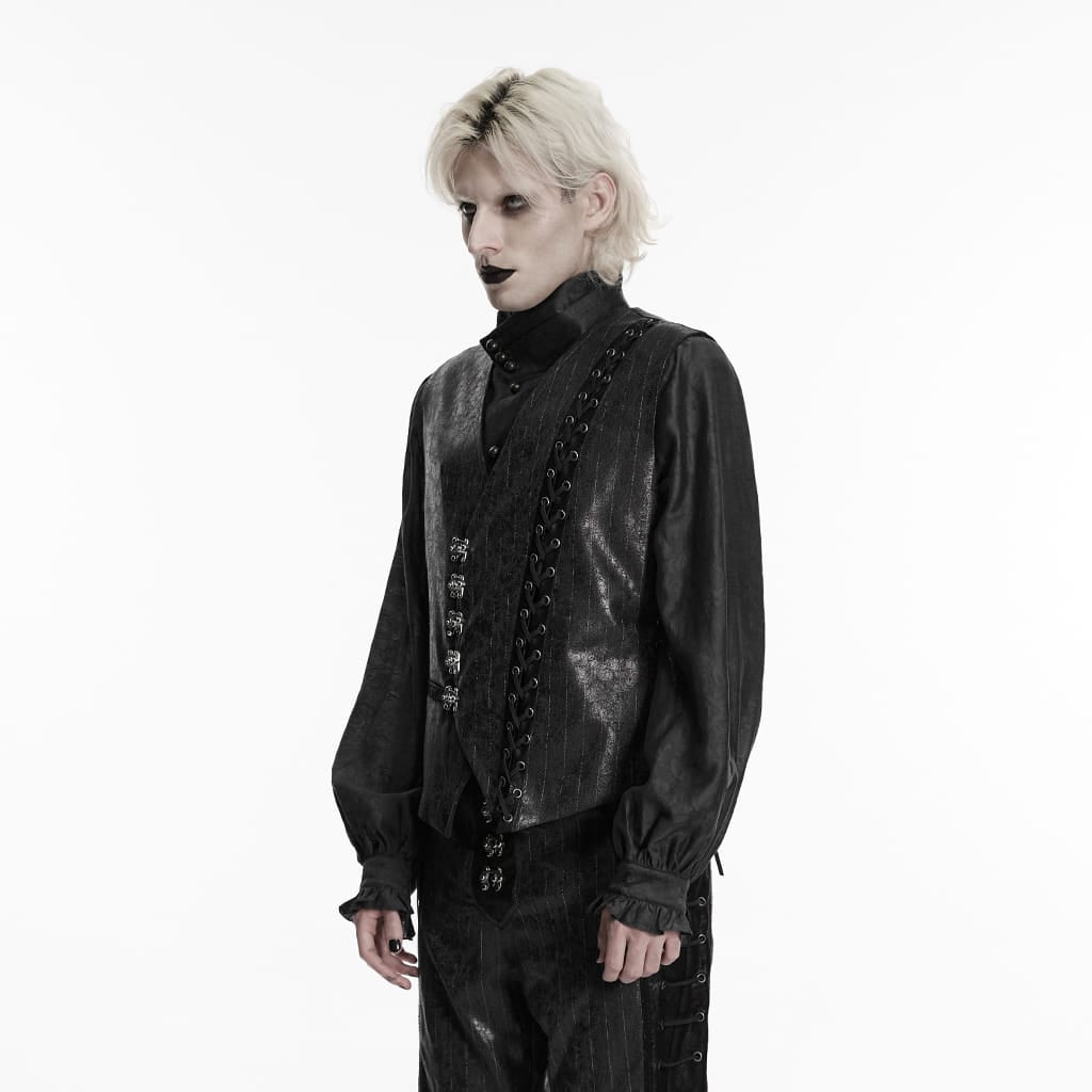 PUNK RAVE Men's Steampunk Asymmetric Buckle-up Pinstripe Texture Vest Black