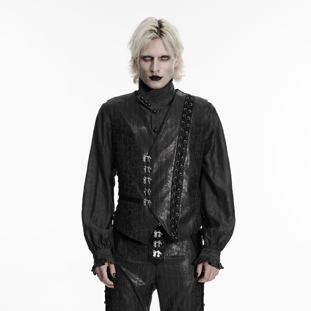 PUNK RAVE Men's Steampunk Asymmetric Buckle-up Pinstripe Texture Vest Black