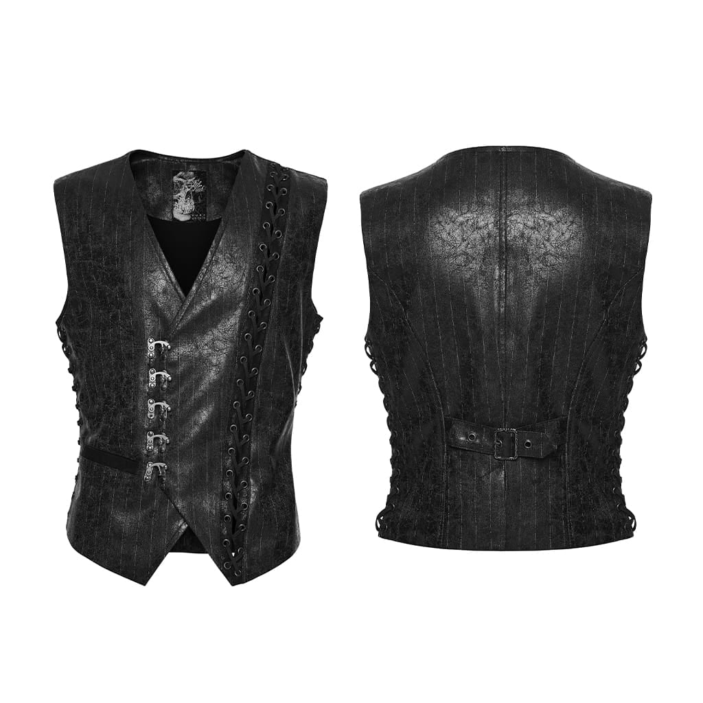 PUNK RAVE Men's Steampunk Asymmetric Buckle-up Pinstripe Texture Vest Black