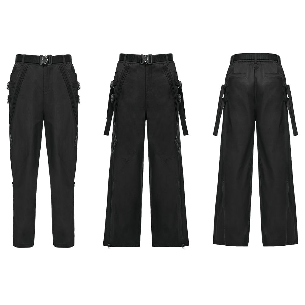 PUNK RAVE Men's Techwear Buckle Strap Zipper Wide Leg Pants