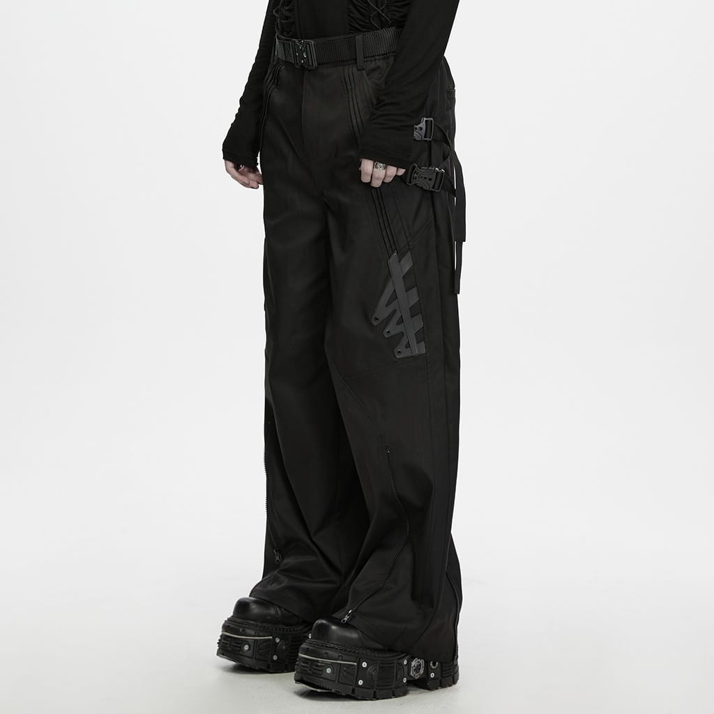 PUNK RAVE Men's Techwear Buckle Strap Zipper Wide Leg Pants