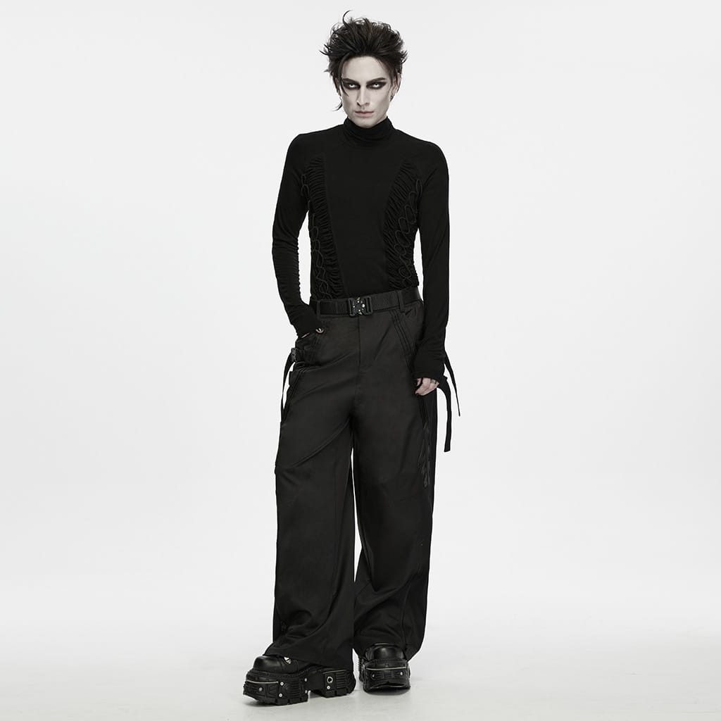 PUNK RAVE Men's Techwear Buckle Strap Zipper Wide Leg Pants