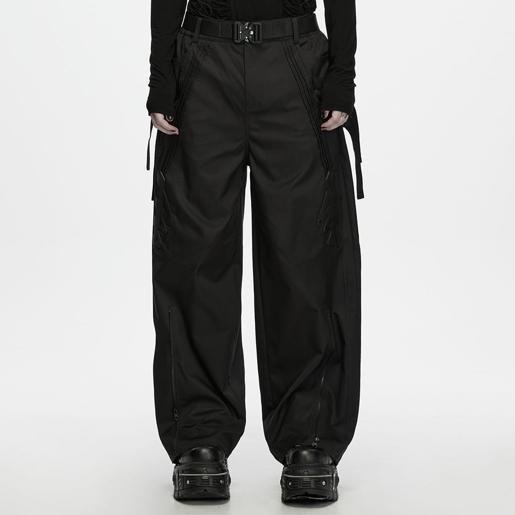 PUNK RAVE Men's Techwear Buckle Strap Zipper Wide Leg Pants