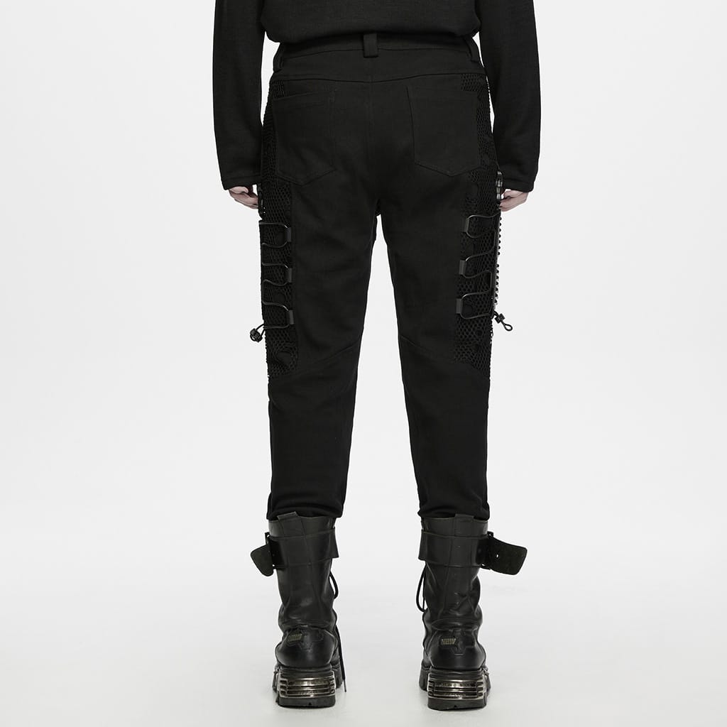 PUNK RAVE Men's Techwear Mesh Splice Buckle Strap Trousers