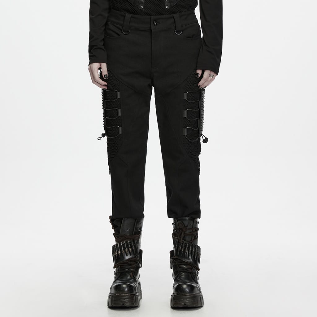 PUNK RAVE Men's Techwear Mesh Splice Buckle Strap Trousers