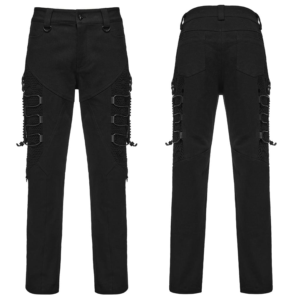 PUNK RAVE Men's Techwear Mesh Splice Buckle Strap Trousers