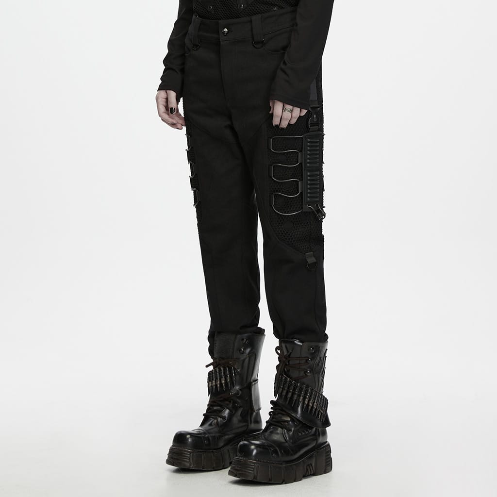 PUNK RAVE Men's Techwear Mesh Splice Buckle Strap Trousers