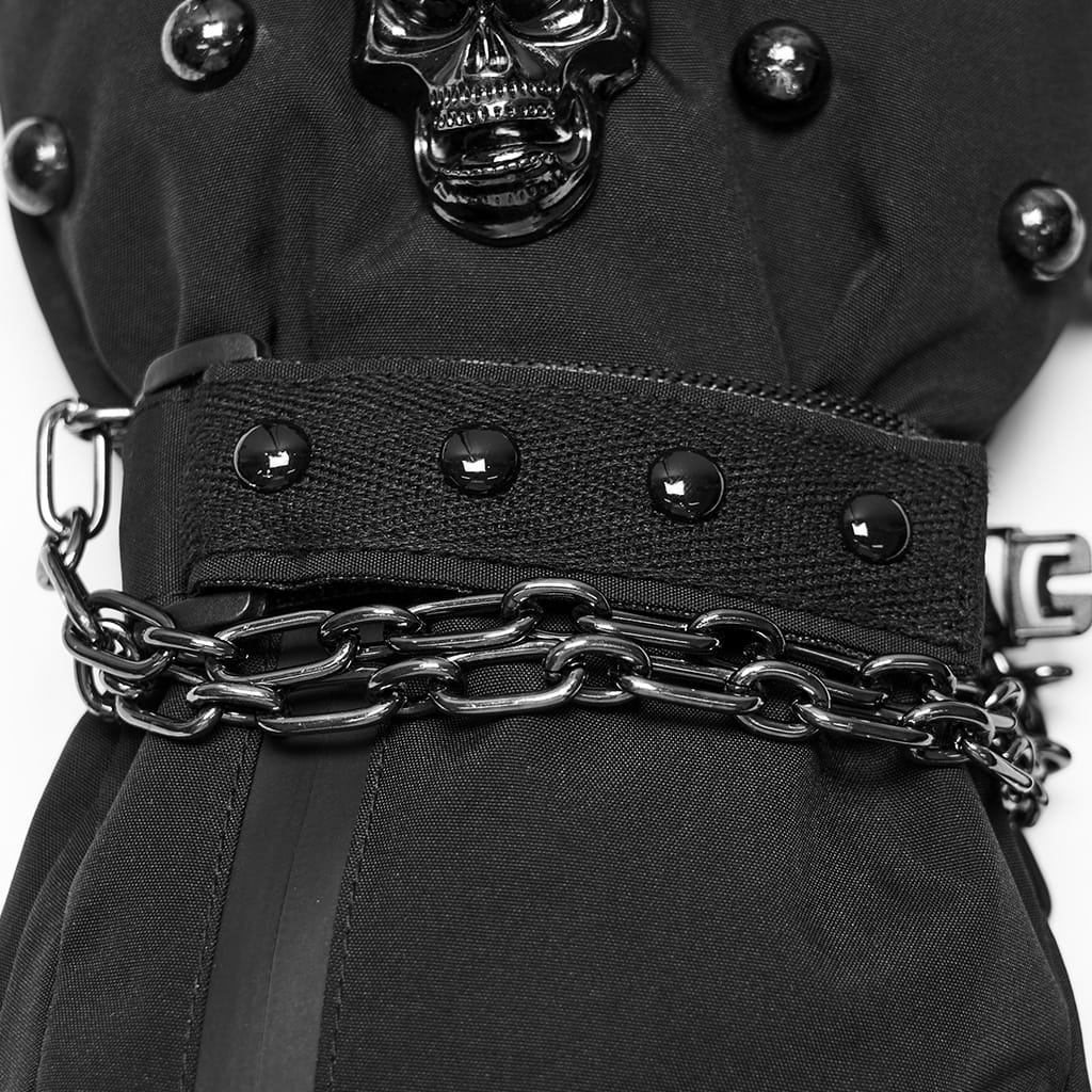 PUNK RAVE Men's Techwear Studded Skull Chain Gloves