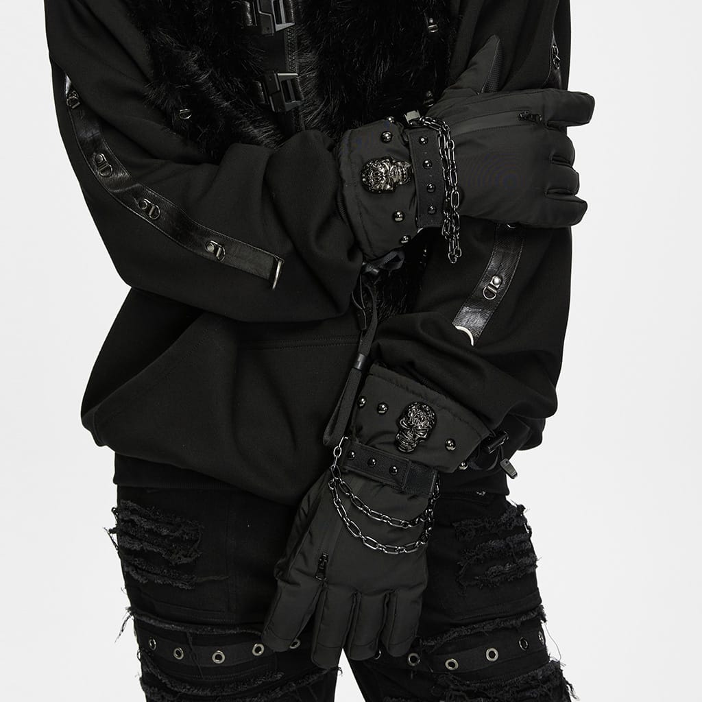 PUNK RAVE Men's Techwear Studded Skull Chain Gloves