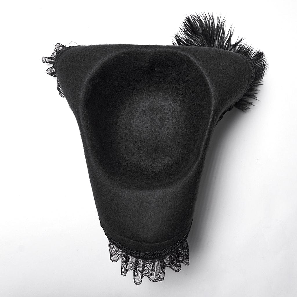 PUNK RAVE Unisex Gothic Dragon Bone Lace Hem Hat with Detachable Feather