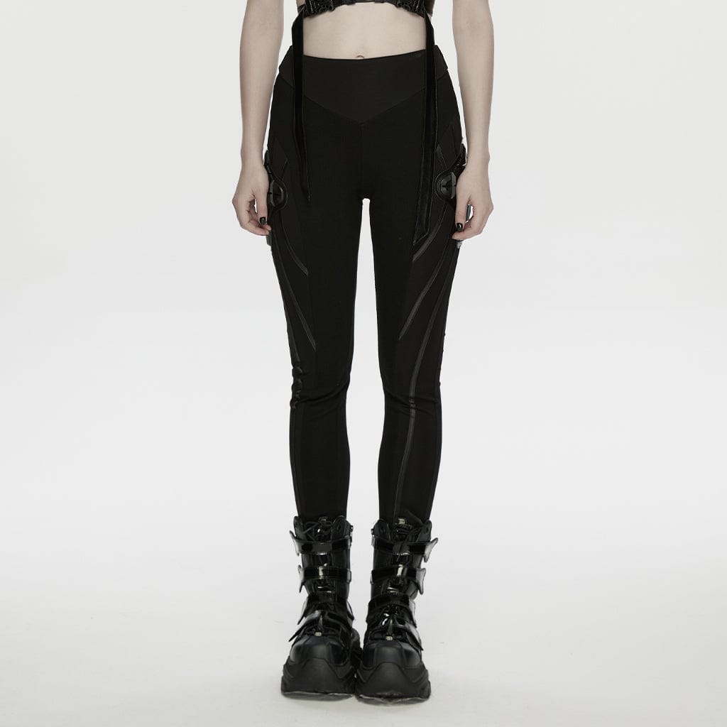 PUNK RAVE Women's Cyberpunk Armor-Accentuated Paneled Leggings Black