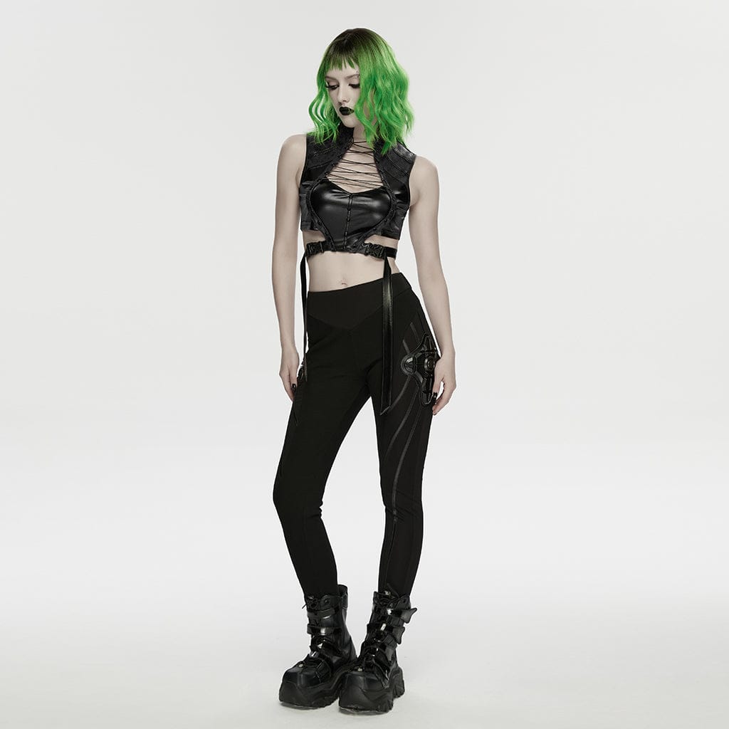 PUNK RAVE Women's Cyberpunk Armor-Accentuated Paneled Leggings Black