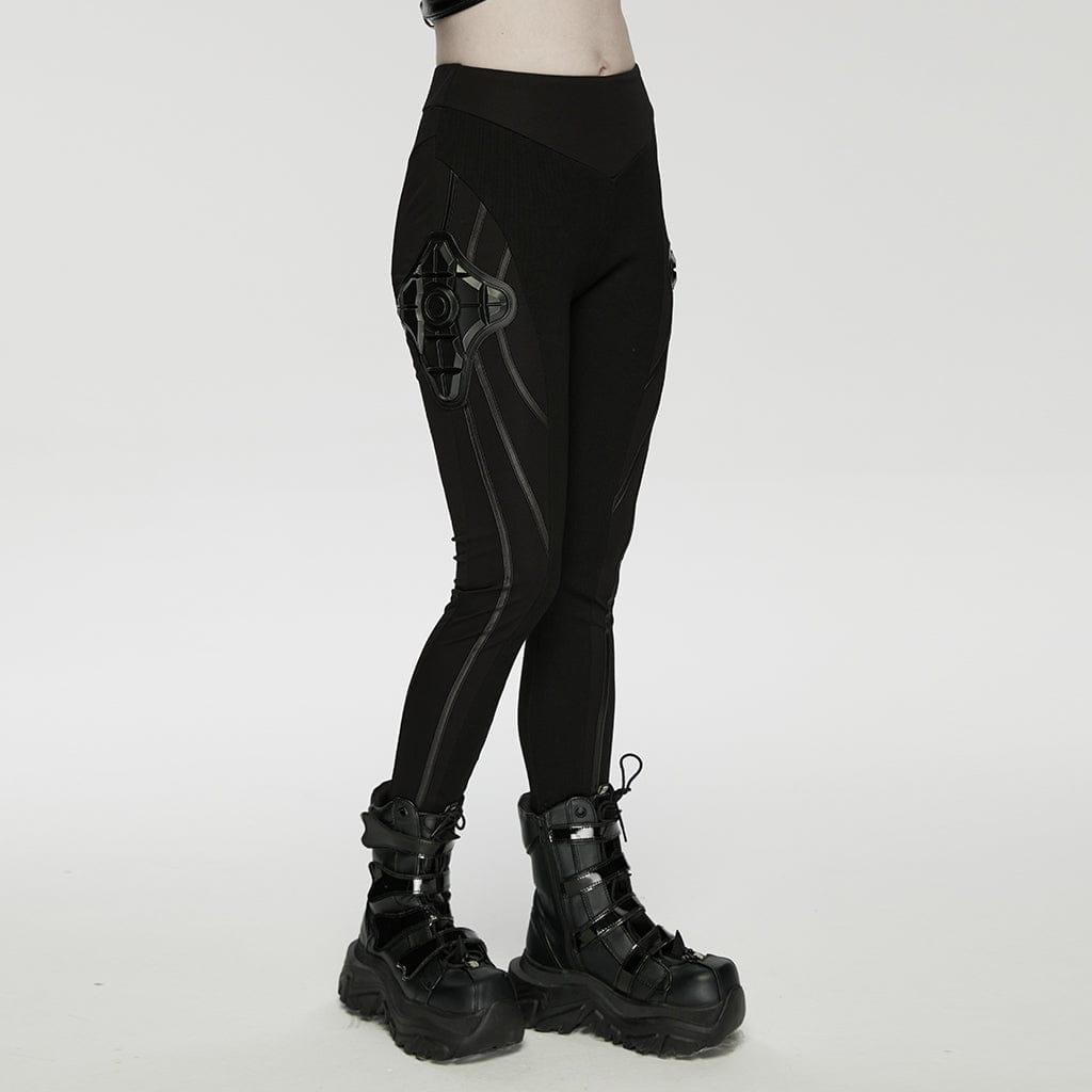 PUNK RAVE Women's Cyberpunk Armor-Accentuated Paneled Leggings Black