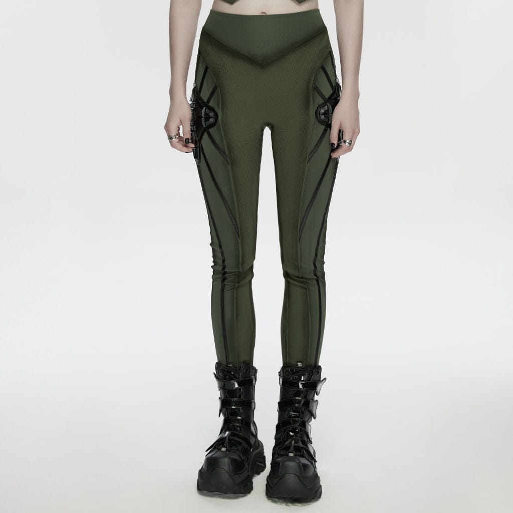 PUNK RAVE Women's Cyberpunk Armor-Accentuated Paneled Leggings Black-Green