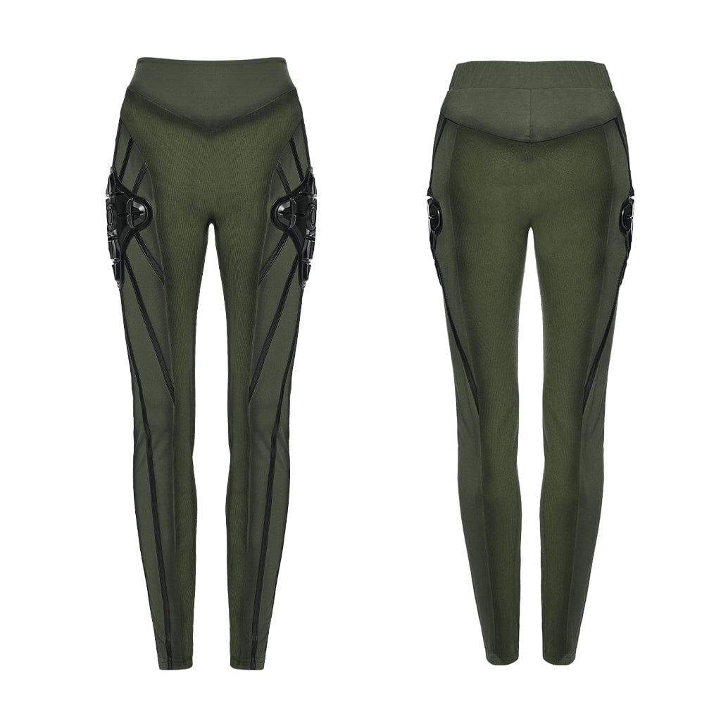 PUNK RAVE Women's Cyberpunk Armor-Accentuated Paneled Leggings Black-Green