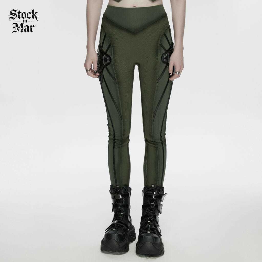PUNK RAVE Women's Cyberpunk Armor-Accentuated Paneled Leggings Black-Green