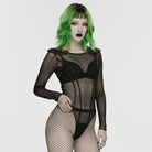 PUNK RAVE Women's Cyberpunk Armor Shoulder Sheer Bodysuit
