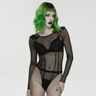 PUNK RAVE Women's Cyberpunk Armor Shoulder Sheer Bodysuit