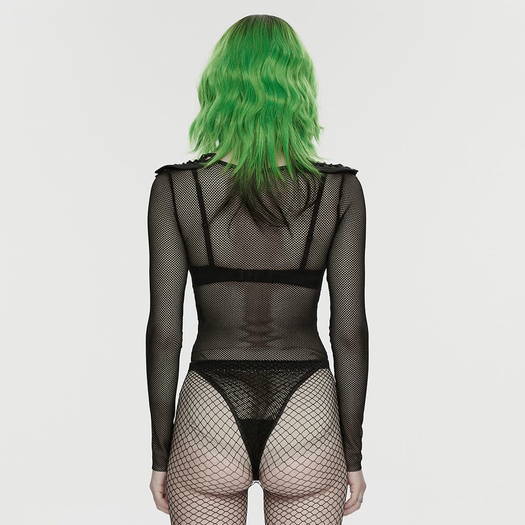 PUNK RAVE Women's Cyberpunk Armor Shoulder Sheer Bodysuit