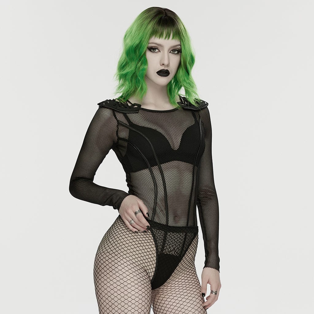 PUNK RAVE Women's Cyberpunk Armor Shoulder Sheer Bodysuit