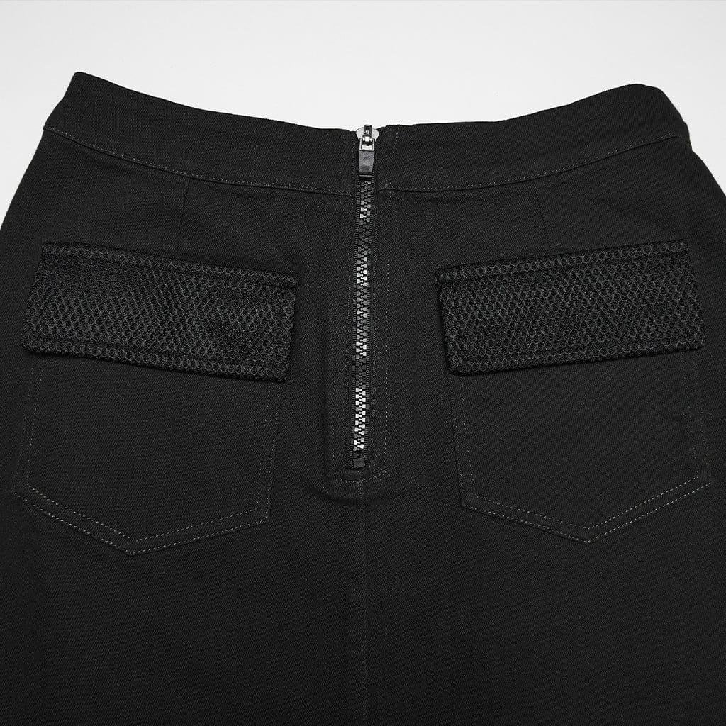 PUNK RAVE Women's Cyberpunk Asymmetrical Mesh Splice Bodycon Skirt Black