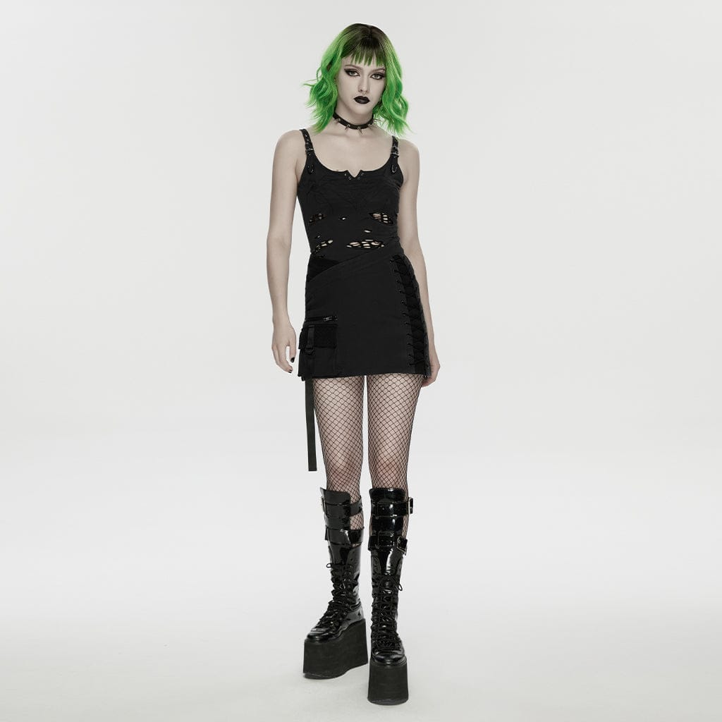 PUNK RAVE Women's Cyberpunk Asymmetrical Mesh Splice Bodycon Skirt Black