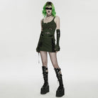 PUNK RAVE Women's Cyberpunk Asymmetrical Mesh Splice Bodycon Skirt Black-Green