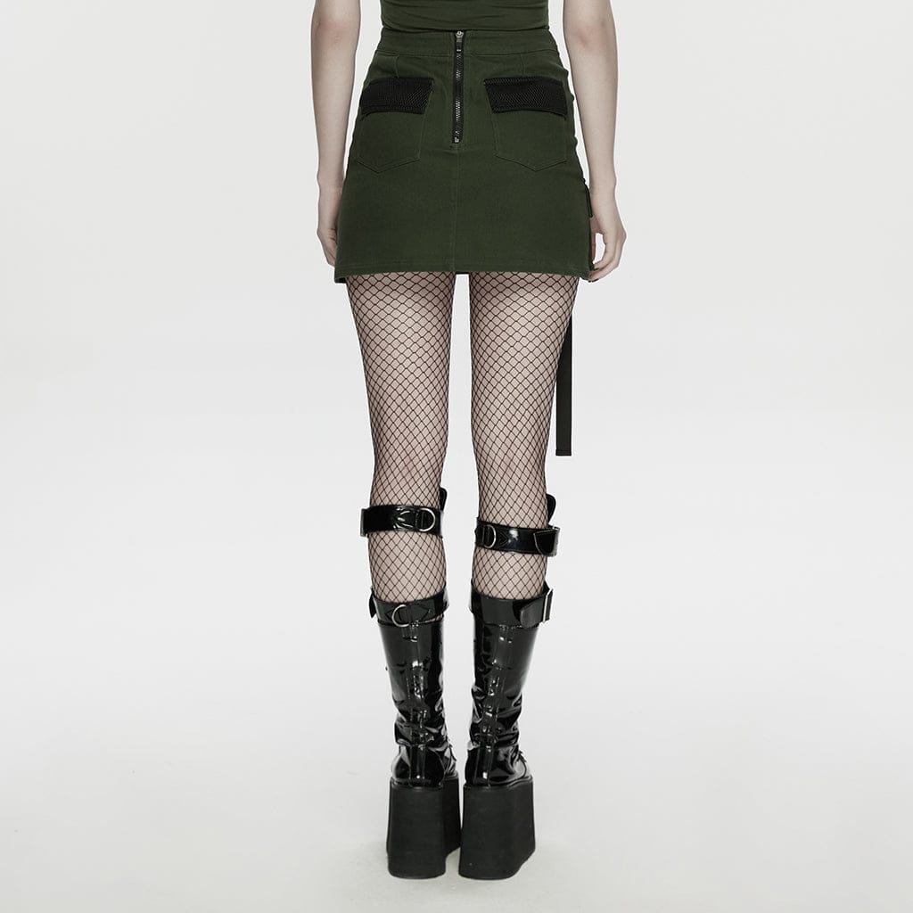 PUNK RAVE Women's Cyberpunk Asymmetrical Mesh Splice Bodycon Skirt Black-Green