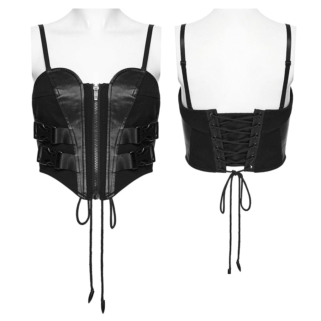 PUNK RAVE Women's Cyberpunk Buckle Lace-up Slip Bustier Black