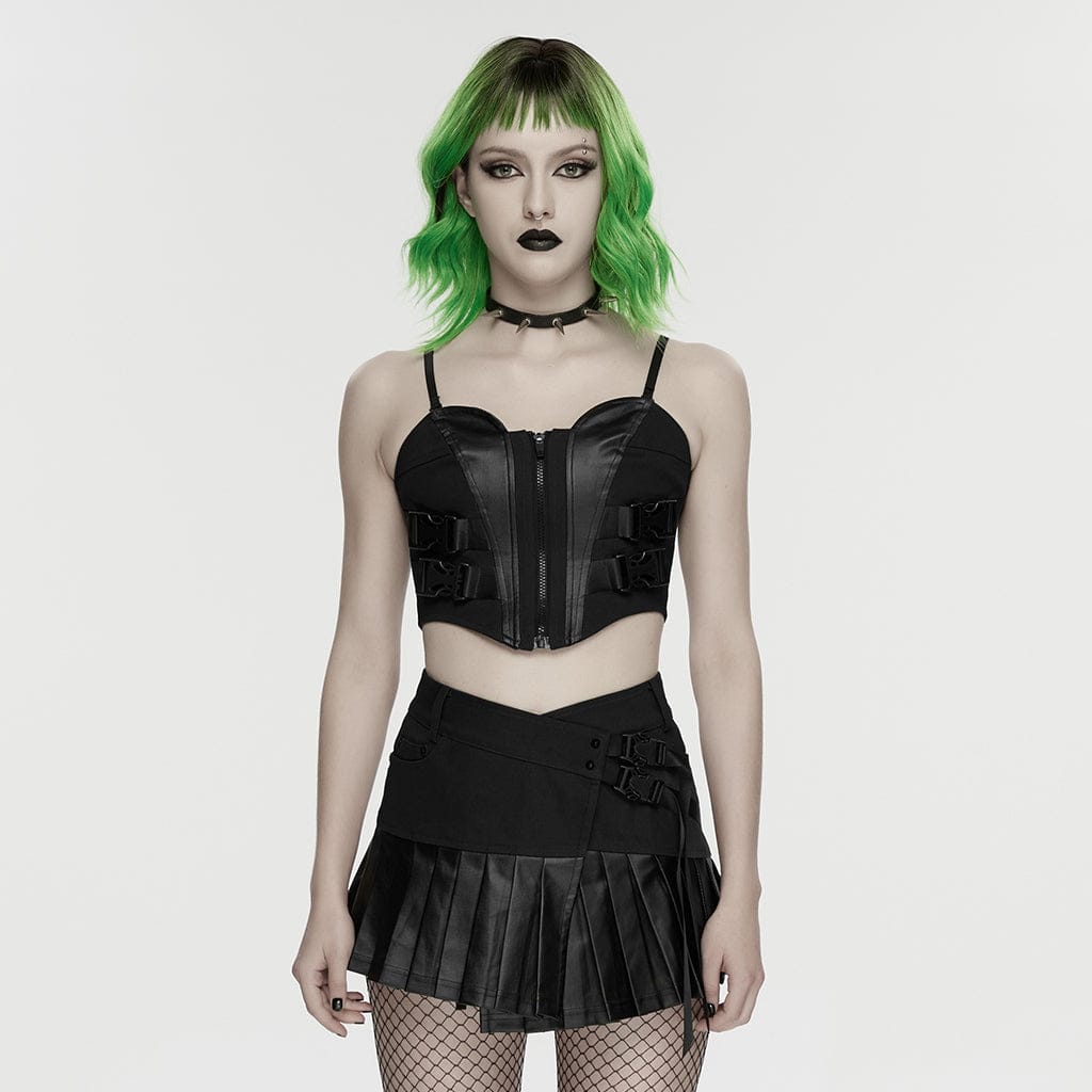 PUNK RAVE Women's Cyberpunk Buckle Lace-up Slip Bustier Black
