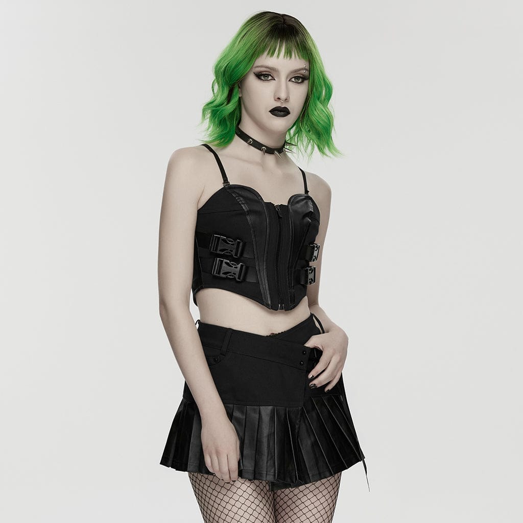 PUNK RAVE Women's Cyberpunk Buckle Lace-up Slip Bustier Black
