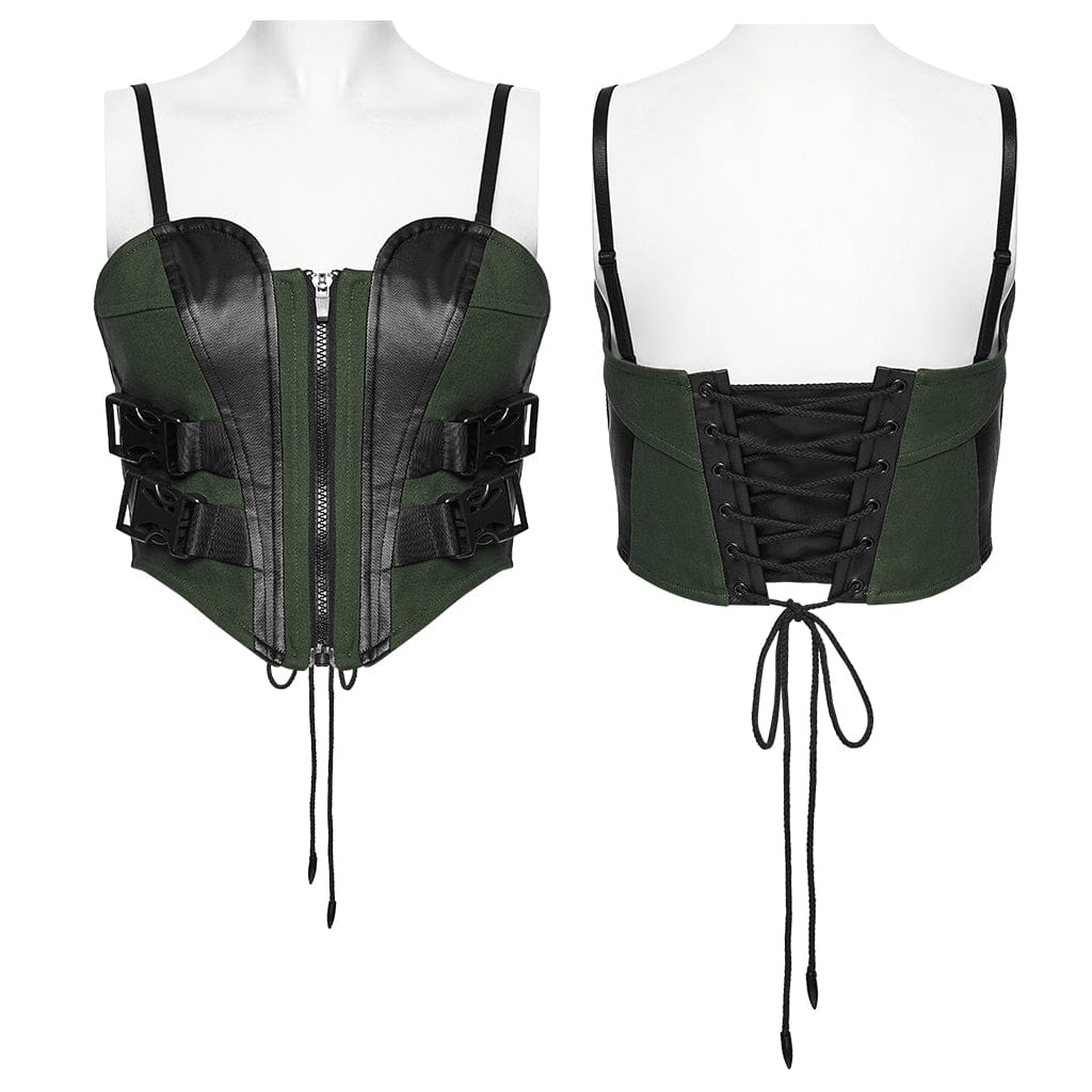 PUNK RAVE Women's Cyberpunk Buckle Lace-up Slip Bustier Black-Green